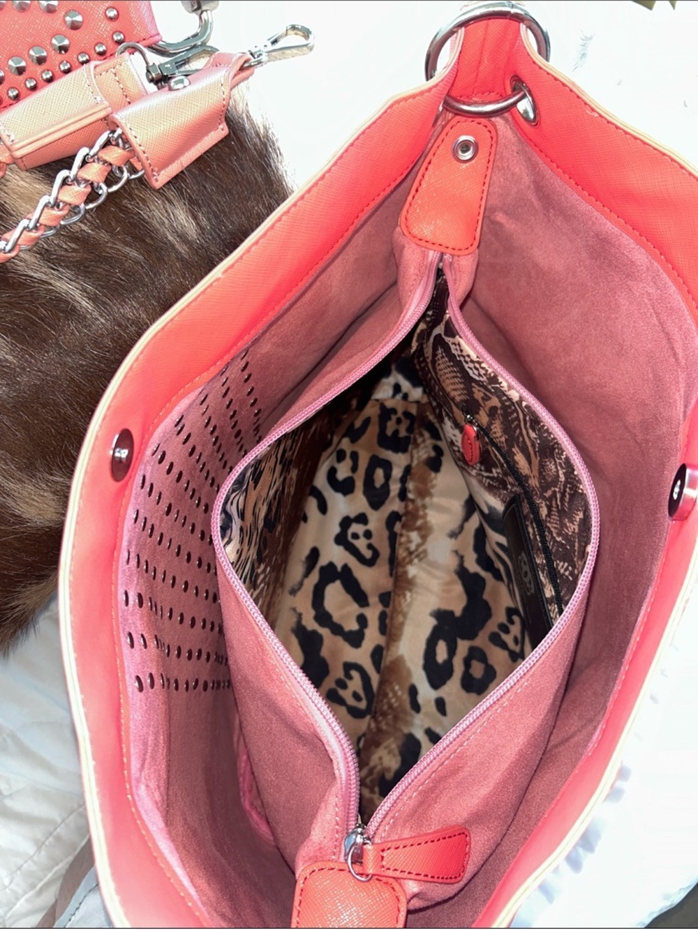 Sharif NWT Coral Pink Studded Tote with Leather Studded Strap and Chain Straps - Picture 6 of 12